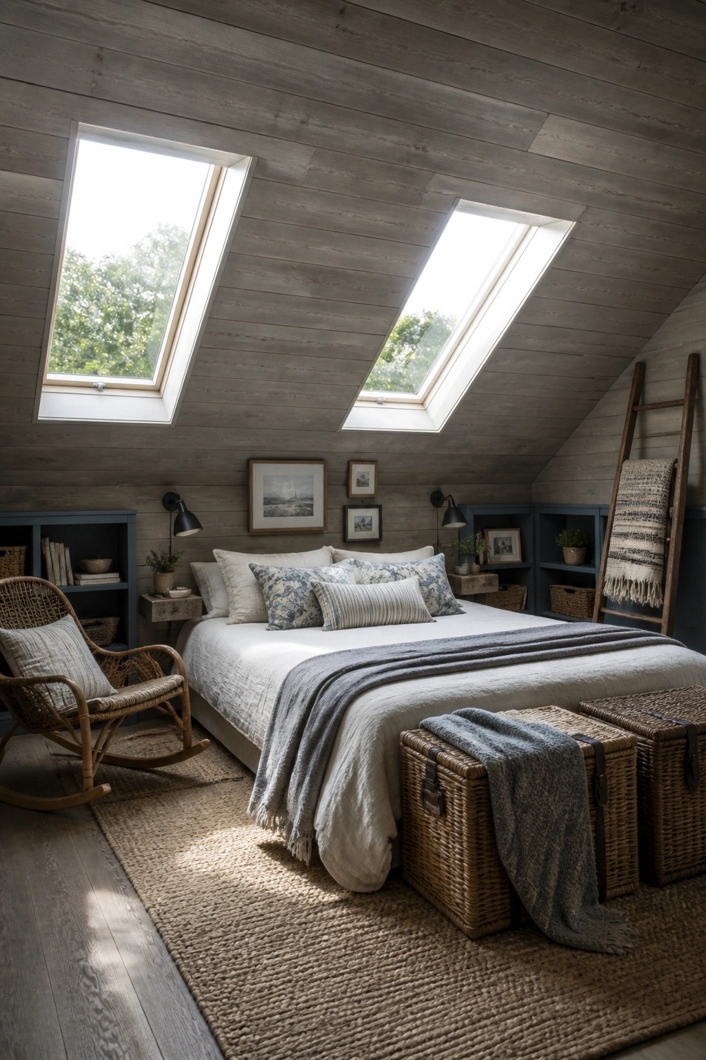 An attic bedroom with a gray wood plank ceiling, two skylights, a bed with white and blue bedding, wicker furniture, and woven baskets on the floor.