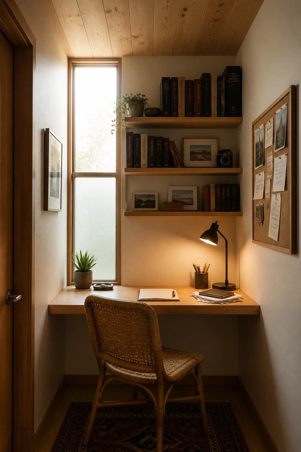 A compact home office nook with a light wood plank ceiling, built-in wooden desk and shelves, a window, and a woven chair pulled up to the desk.