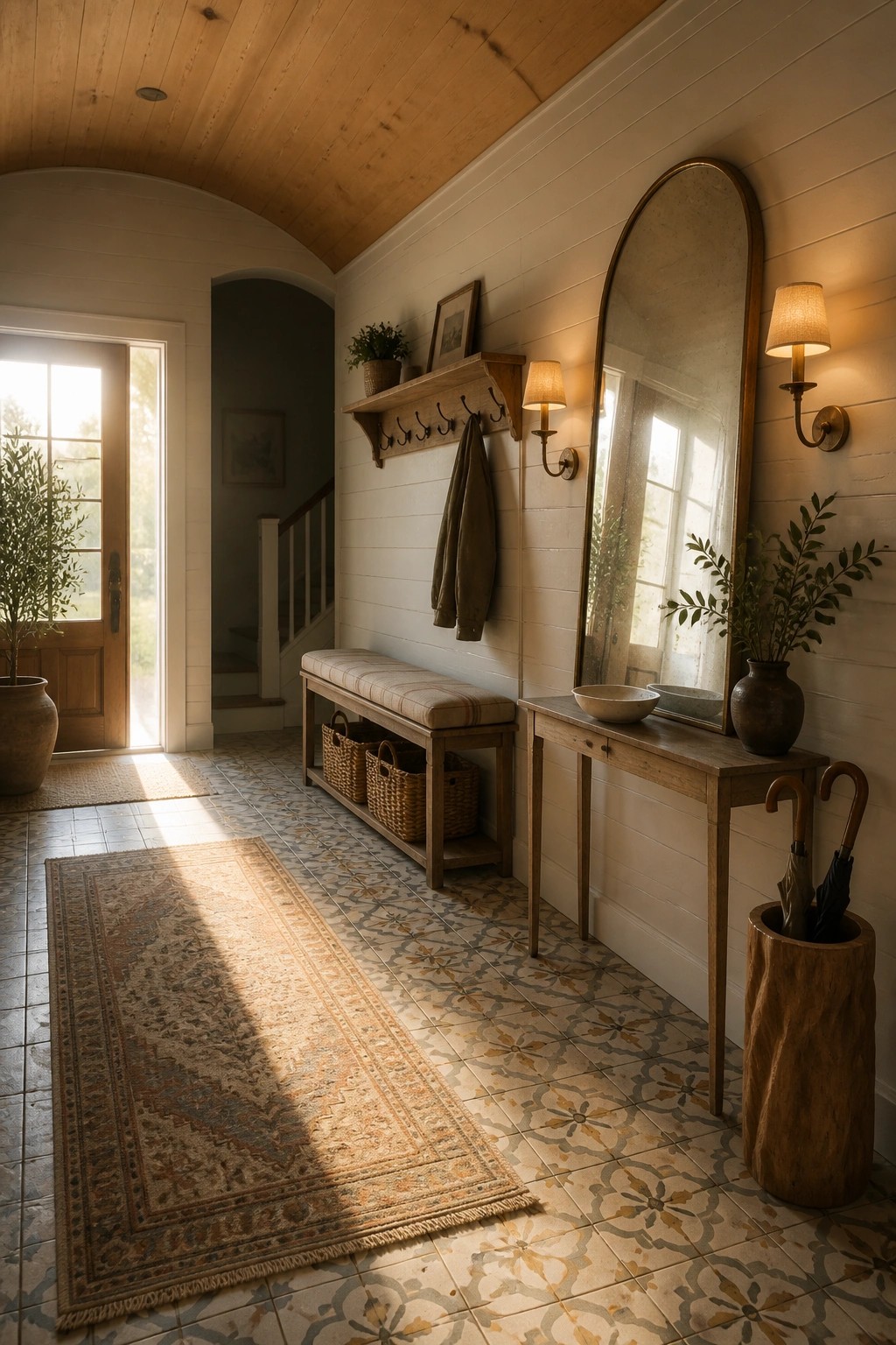 A sunlit entryway featuring a wooden plank ceiling, white walls, patterned tile floor, a wooden bench with baskets underneath, and a large arched mirror on the right wall.