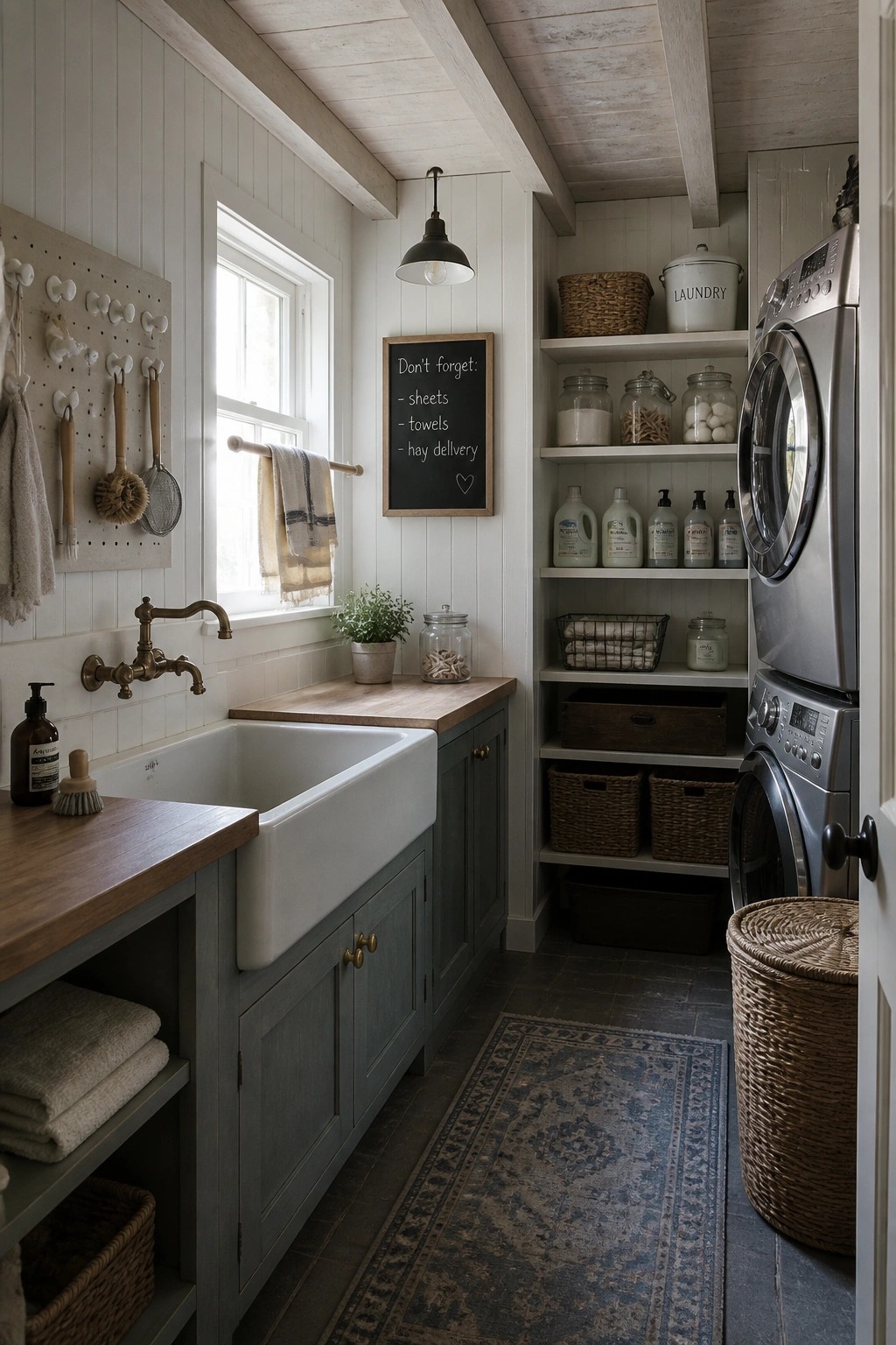 A narrow laundry room with whitewashed wood plank ceiling and exposed beams, a white farmhouse sink, open shelving with storage baskets, and a stacked washer and dryer.