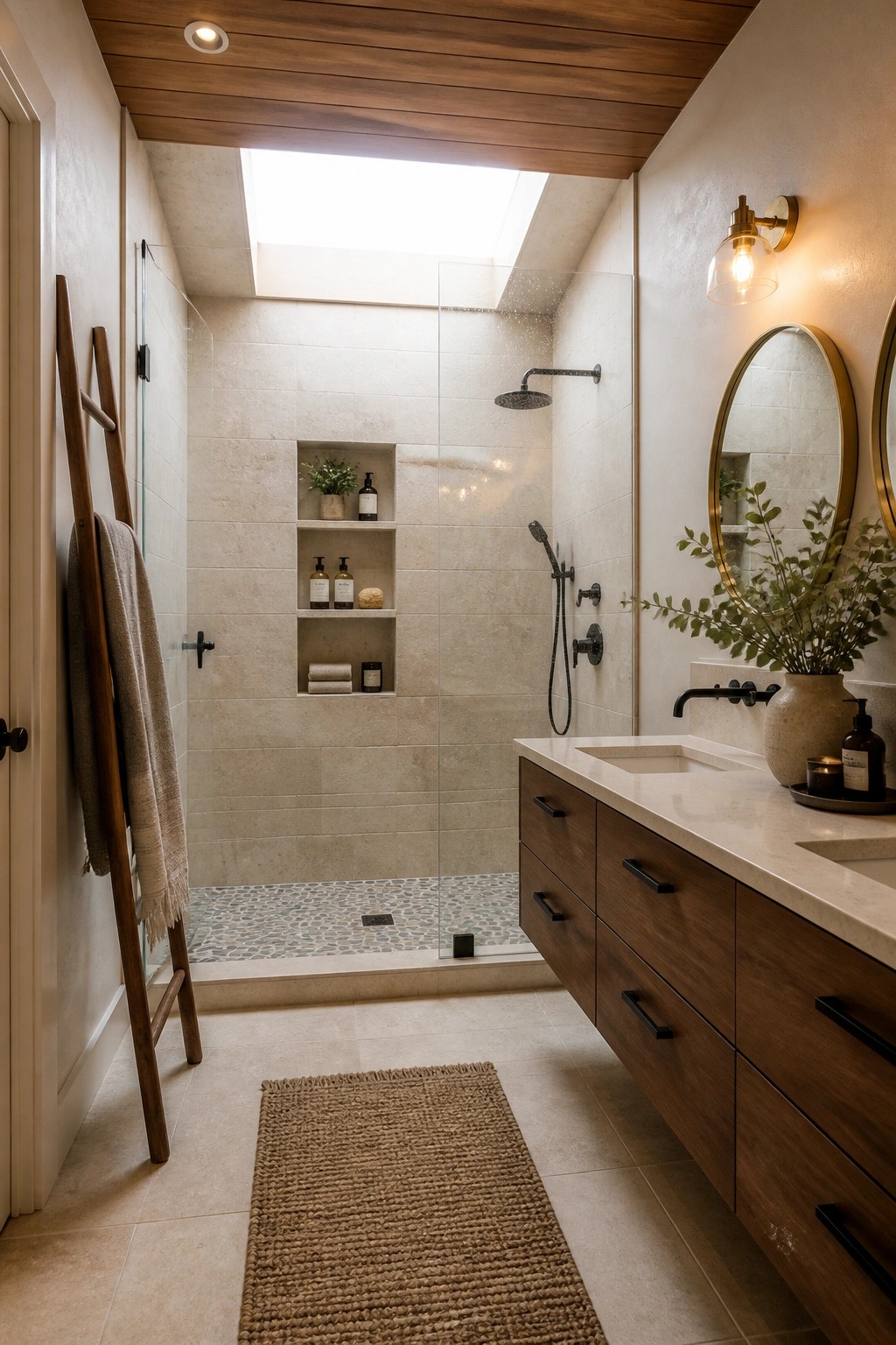 A bathroom interior featuring a wood plank ceiling above a glass-enclosed shower and a wooden vanity with white countertop.