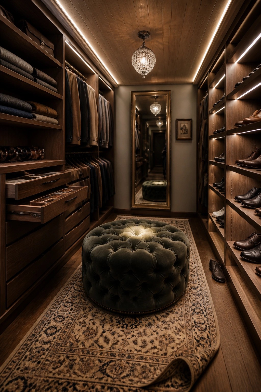 A narrow walk-in closet featuring dark wood shelving on both sides, a large round tufted ottoman on a patterned rug, and a wood plank ceiling with integrated linear lighting and a crystal pendant light.