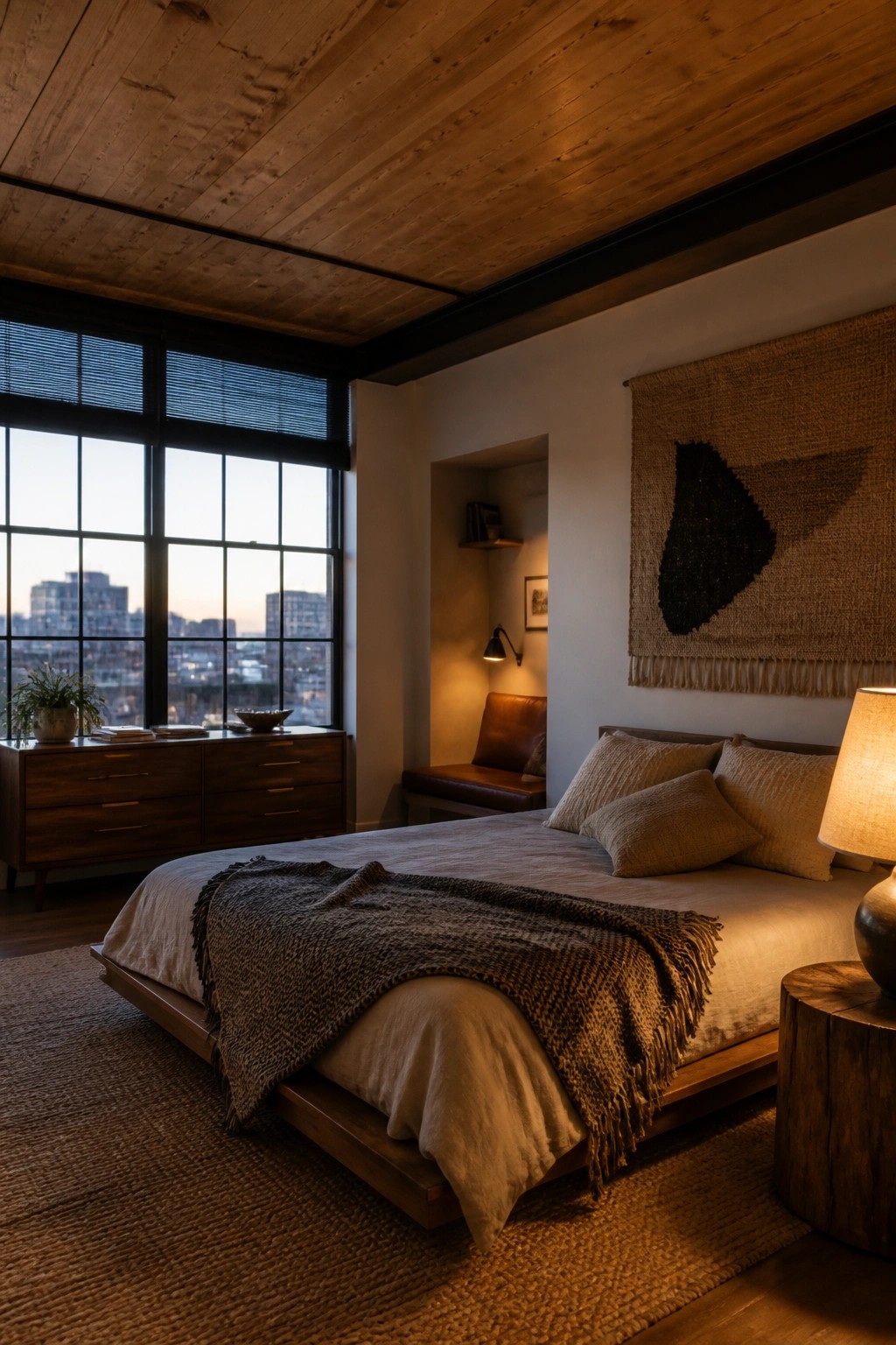 A bedroom interior featuring a wooden plank ceiling, a low platform bed with neutral linens, a wooden dresser, and a large window with a city view.