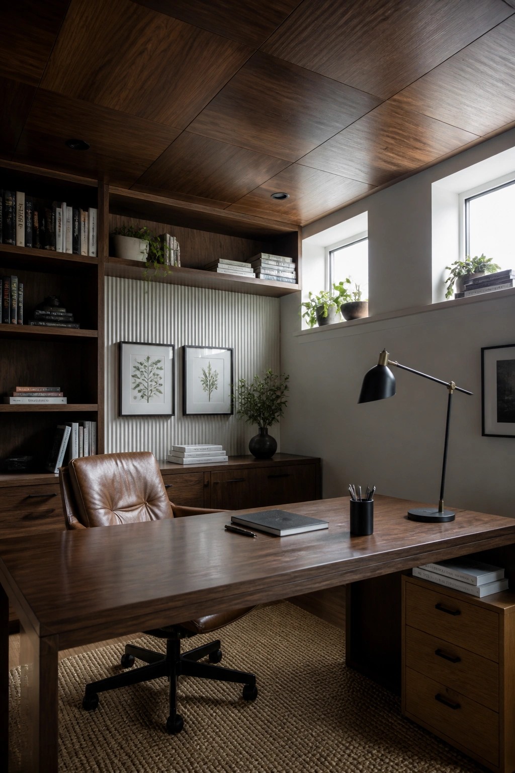 A home office with a dark wood plank ceiling, built-in shelving, a wooden desk, and a brown leather chair.