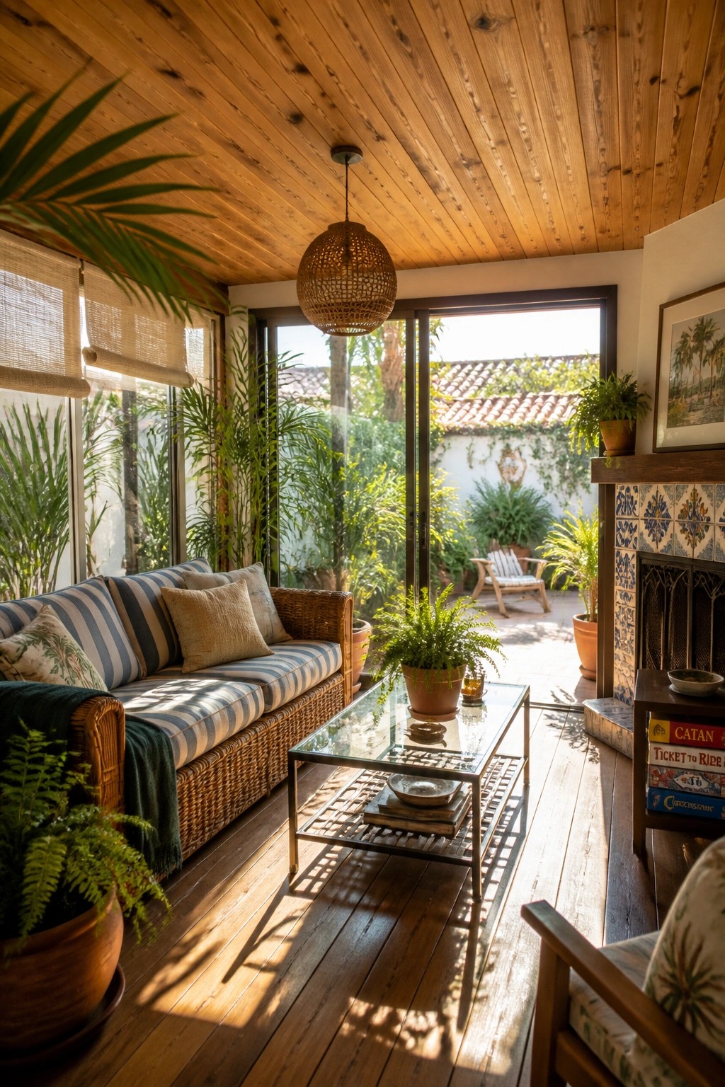 A sunroom interior with horizontal wood plank ceiling, wicker sofa with striped cushions, glass coffee table, potted plants, and large glass doors leading to a patio.