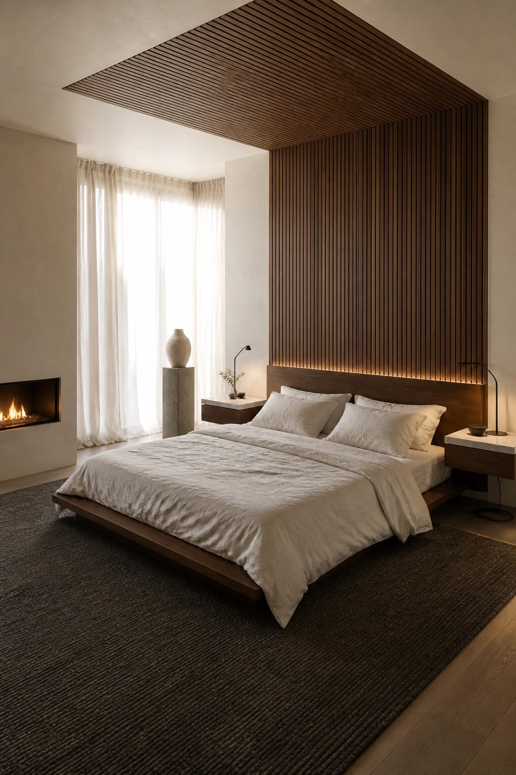 A bedroom with a recessed wood slat ceiling above a low platform bed, white bedding, a vertical wood headboard wall with integrated lighting, and a fireplace visible on the left.
