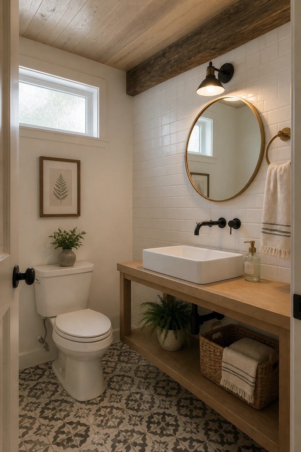 A bathroom with a light wood plank ceiling, a dark wooden beam, white subway tile, a round mirror, and a wood vanity with a white sink.