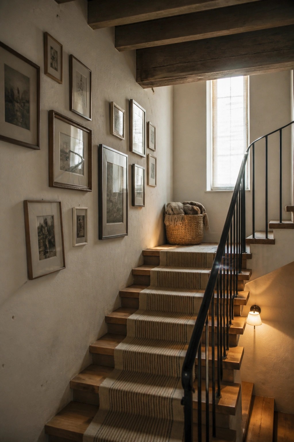 Interior view of a wooden staircase with a striped runner, black metal railing, and exposed dark wood ceiling beams above.