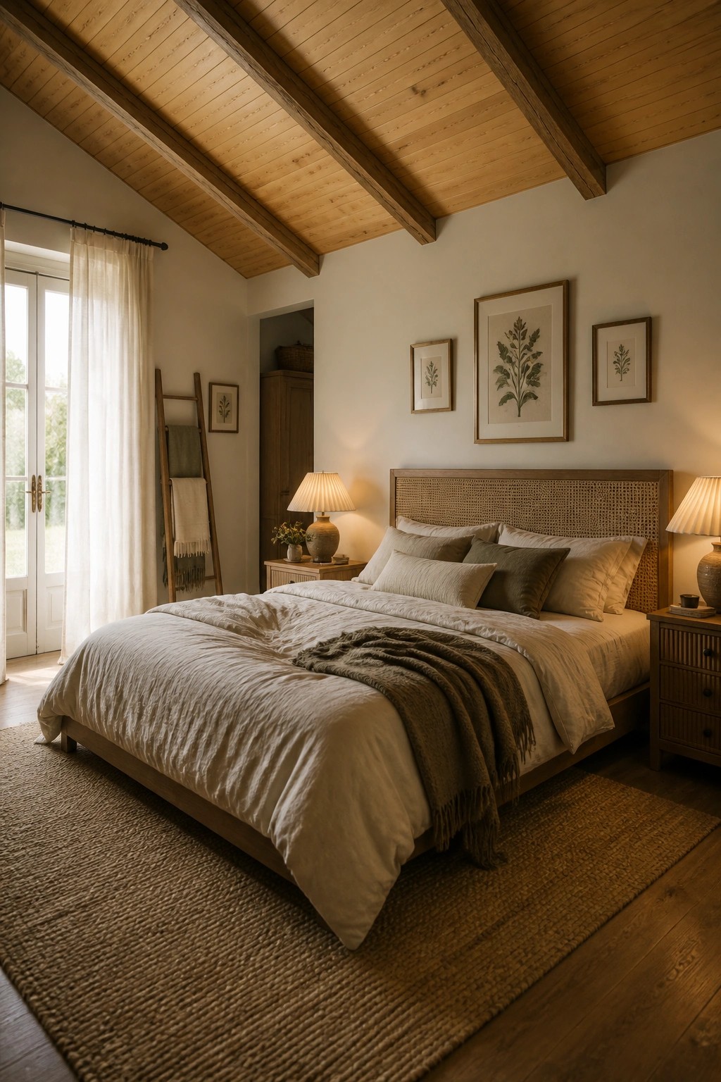 A bedroom with a vaulted ceiling of light wood planks and dark exposed beams, a wooden bed with white and beige bedding, and a woven rug on the floor.