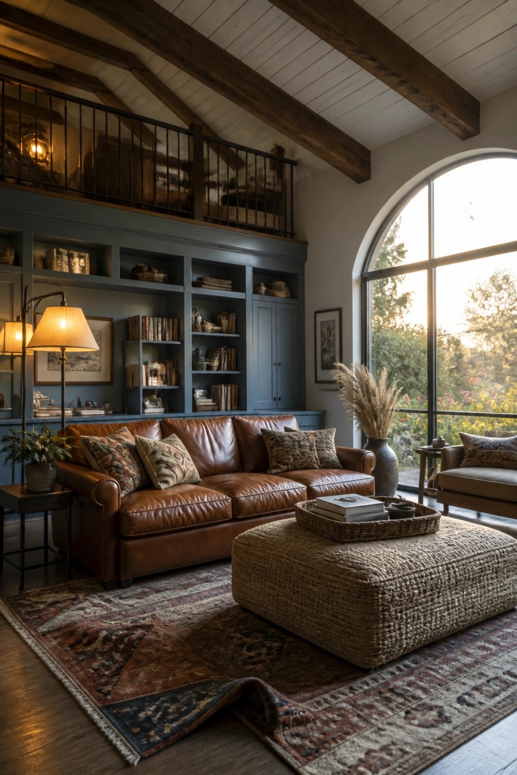 Living room interior with dark wooden ceiling beams on a white plank ceiling, brown leather sofa, blue built-in bookshelves, and large arched window.