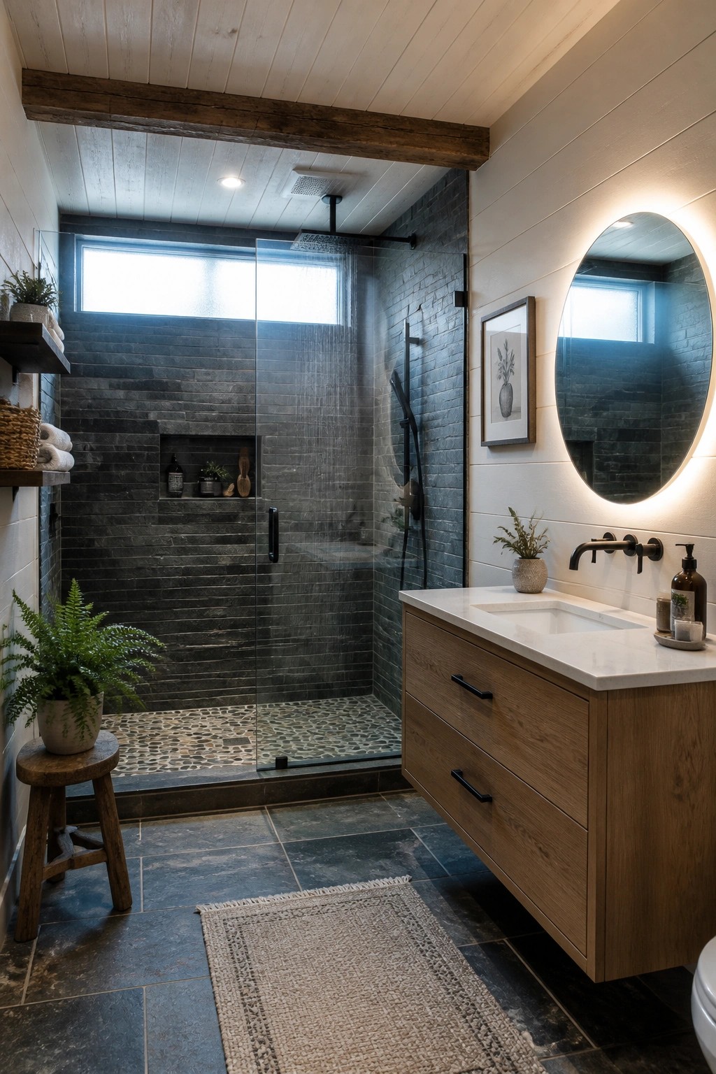 A bathroom interior showing a glass shower enclosure, wooden vanity, and a whitewashed plank ceiling with a dark exposed wood beam.