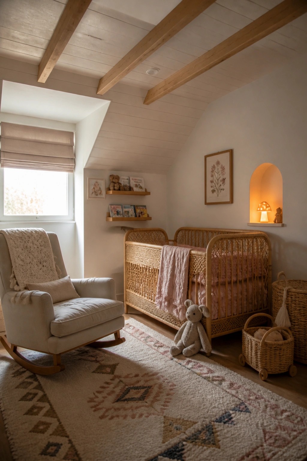 Cozy nursery with wicker crib, rocking chair, patterned rug, wooden beams, and toys.