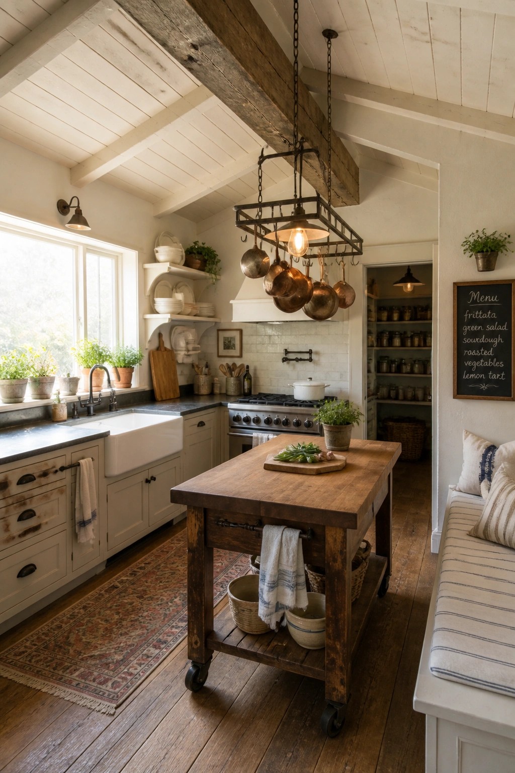 Rustic kitchen with wooden island, hanging copper pots, white cabinets, and ceiling beams