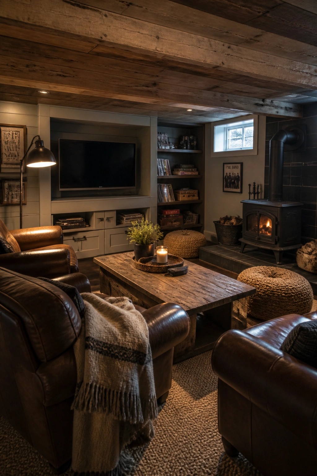 A living room with exposed dark wood ceiling beams, leather armchairs, a wooden coffee table, and a black wood stove on a raised hearth.