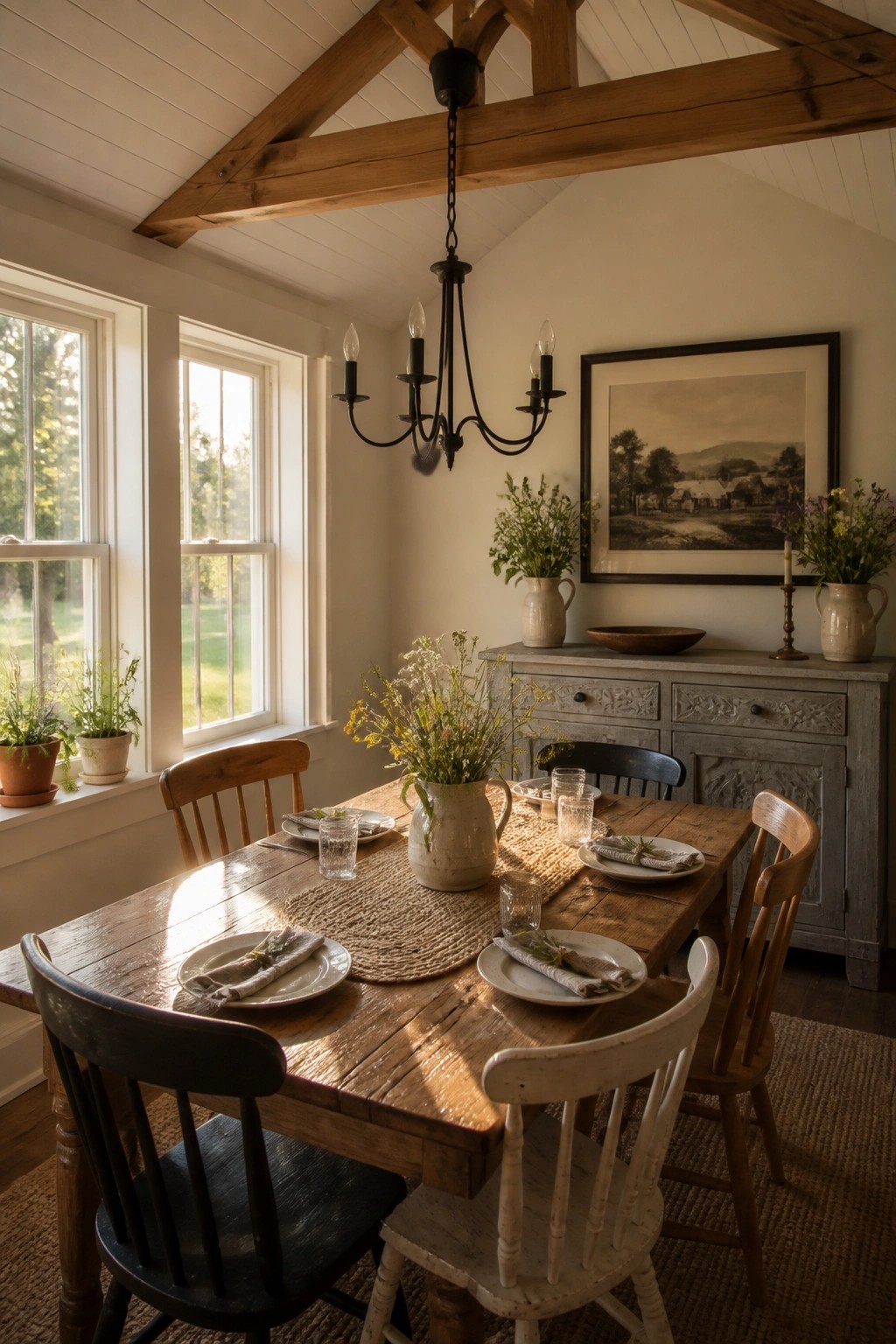 A farmhouse dining room with a rustic wooden table, mixed chairs, a black chandelier, and exposed wooden ceiling beams.