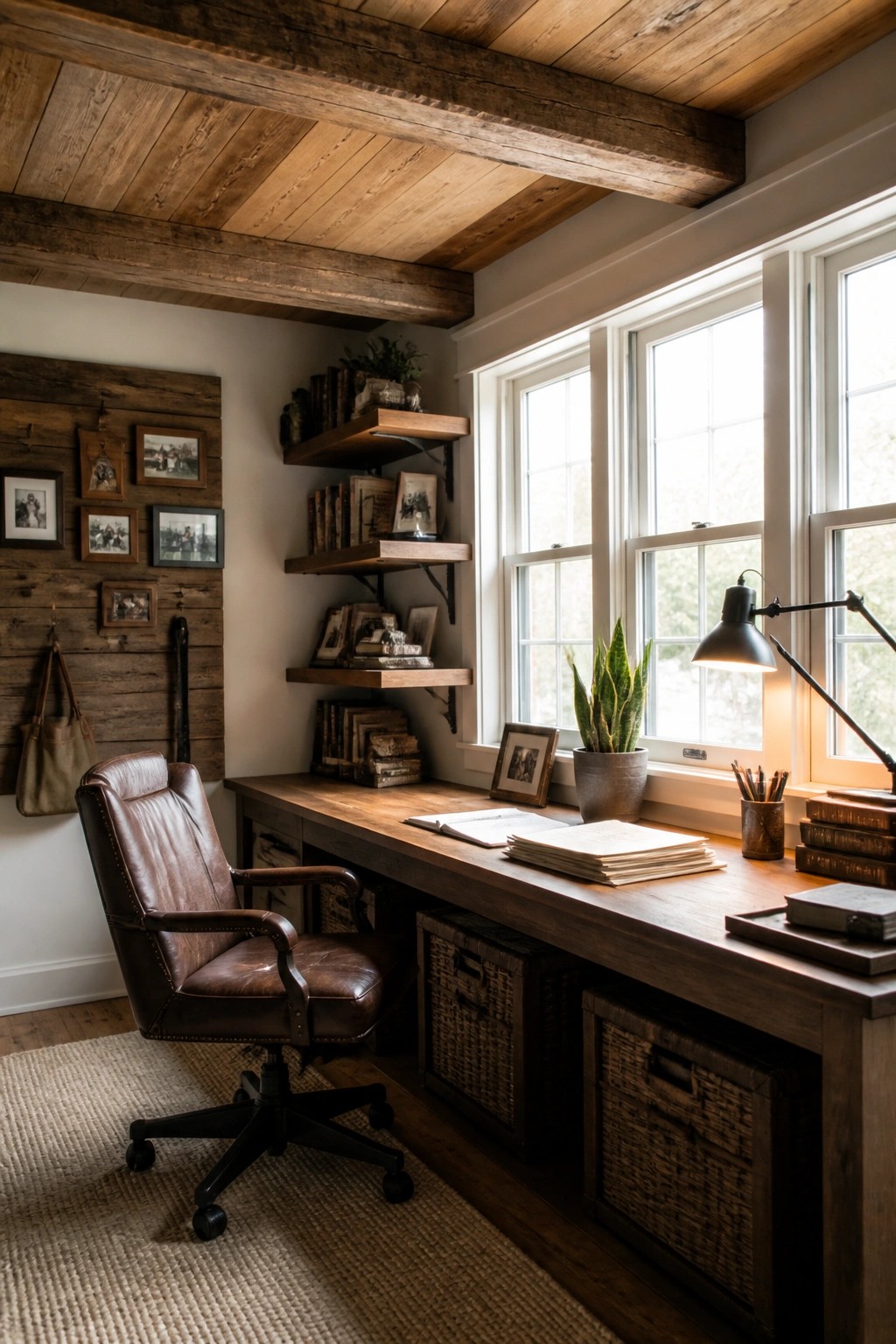 A home office interior with a large wooden desk, brown leather chair, bookshelves, and multiple exposed wood beams on the ceiling.