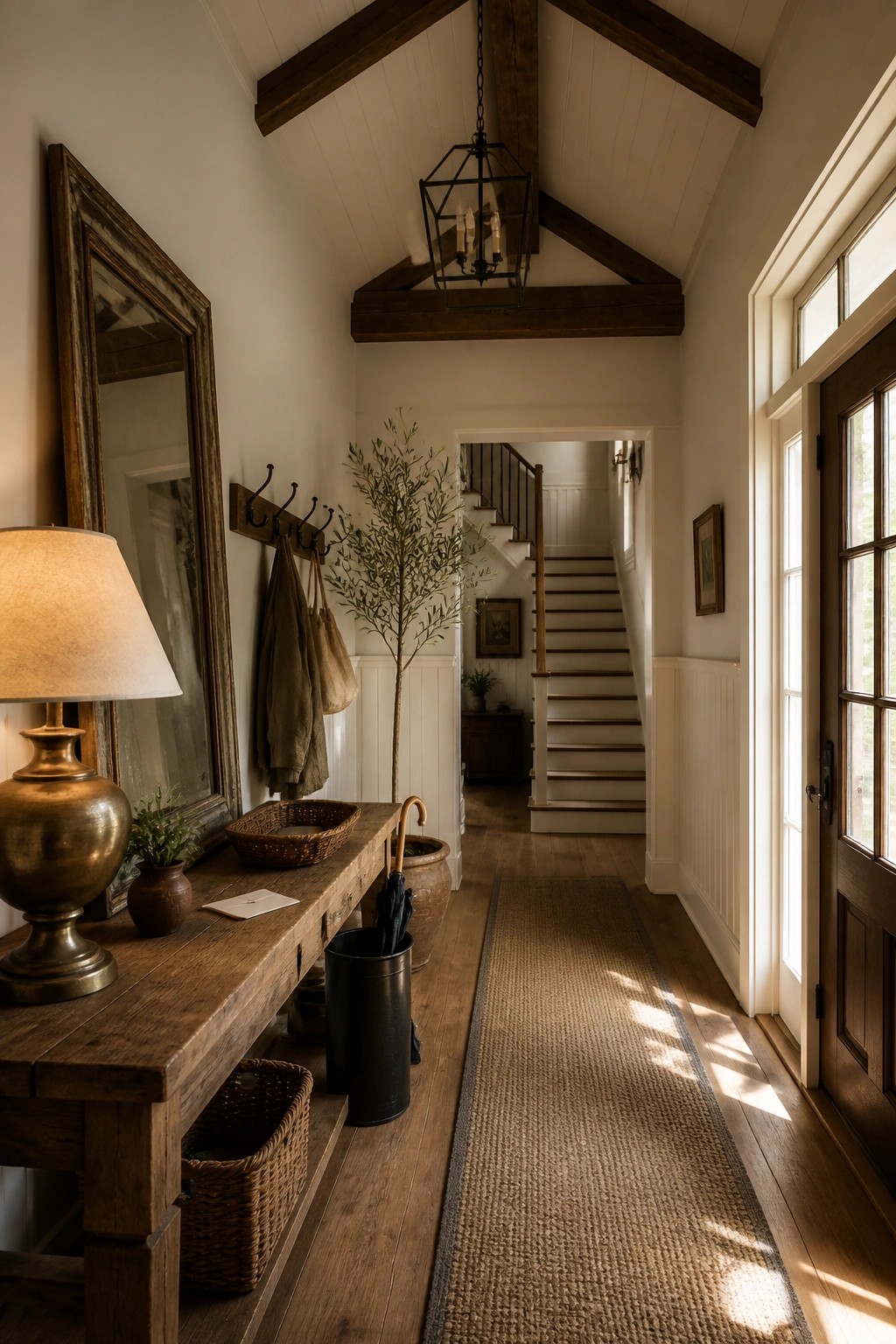 Rustic entryway with wooden console table, mirror, coat hooks, and staircase