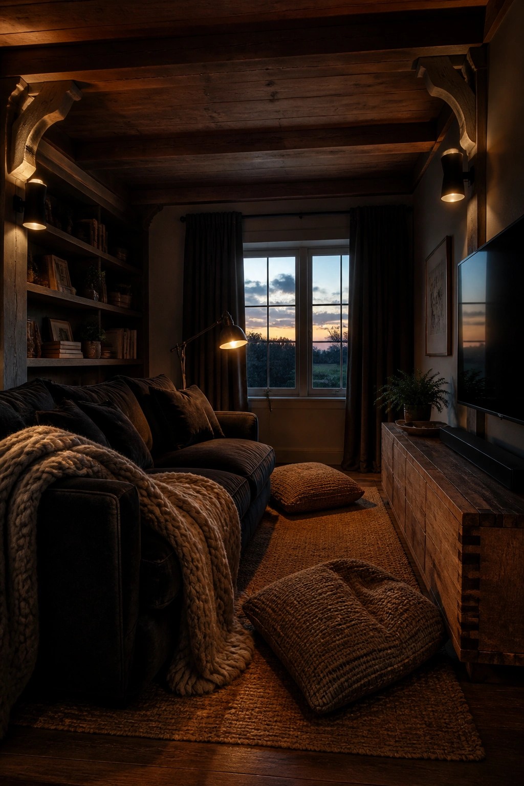 A living room with dark wood ceiling beams, a dark sofa, a wooden TV console, and a window showing a field at dusk.