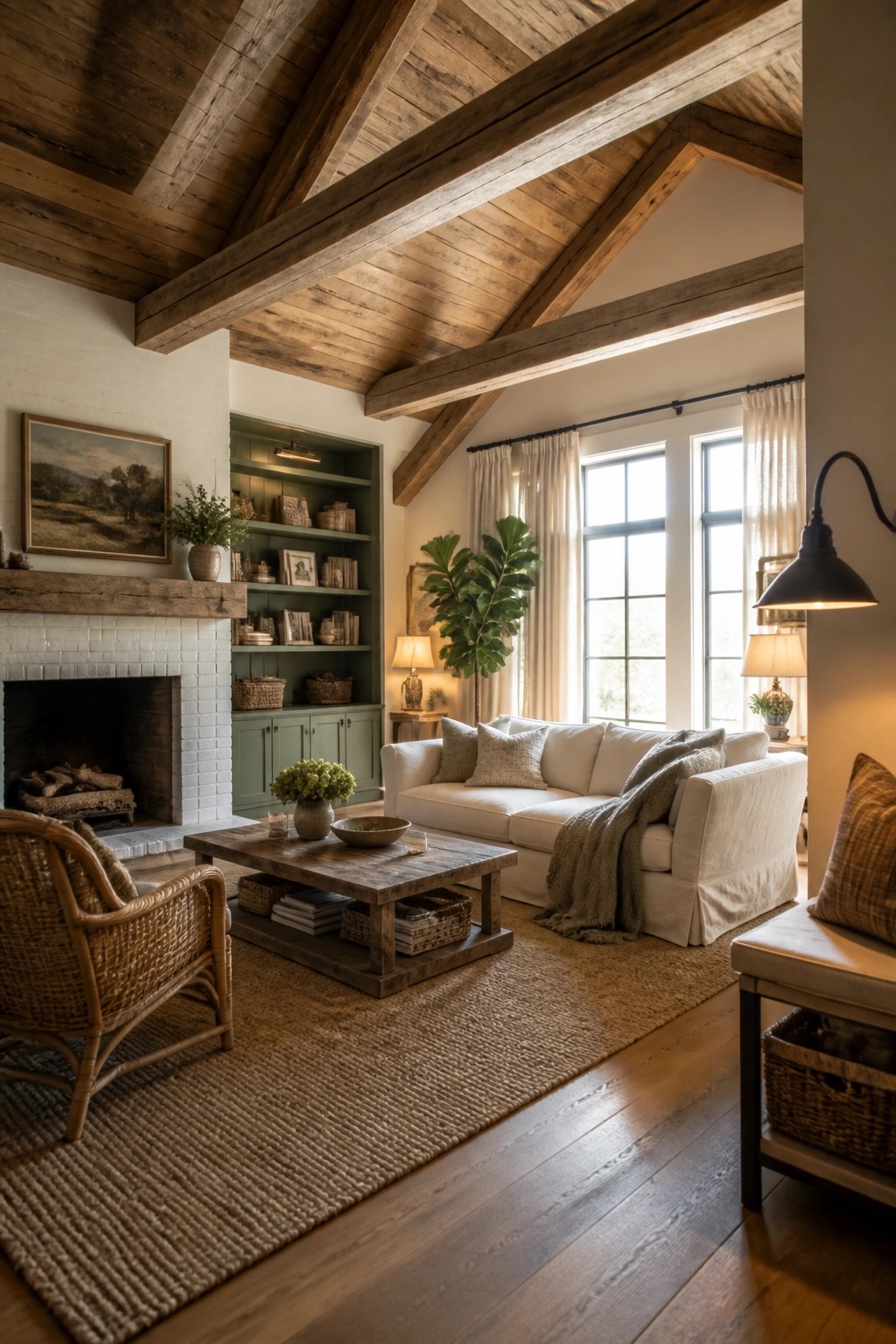 A living room with a vaulted ceiling of exposed wooden beams, white brick fireplace, white sofa, and woven jute rug.