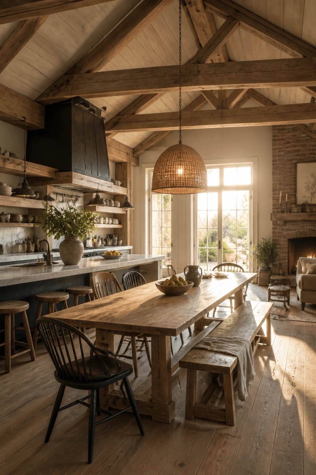 A bright farmhouse interior showing a long wooden dining table beneath exposed ceiling beams, with a kitchen island and brick fireplace in view.