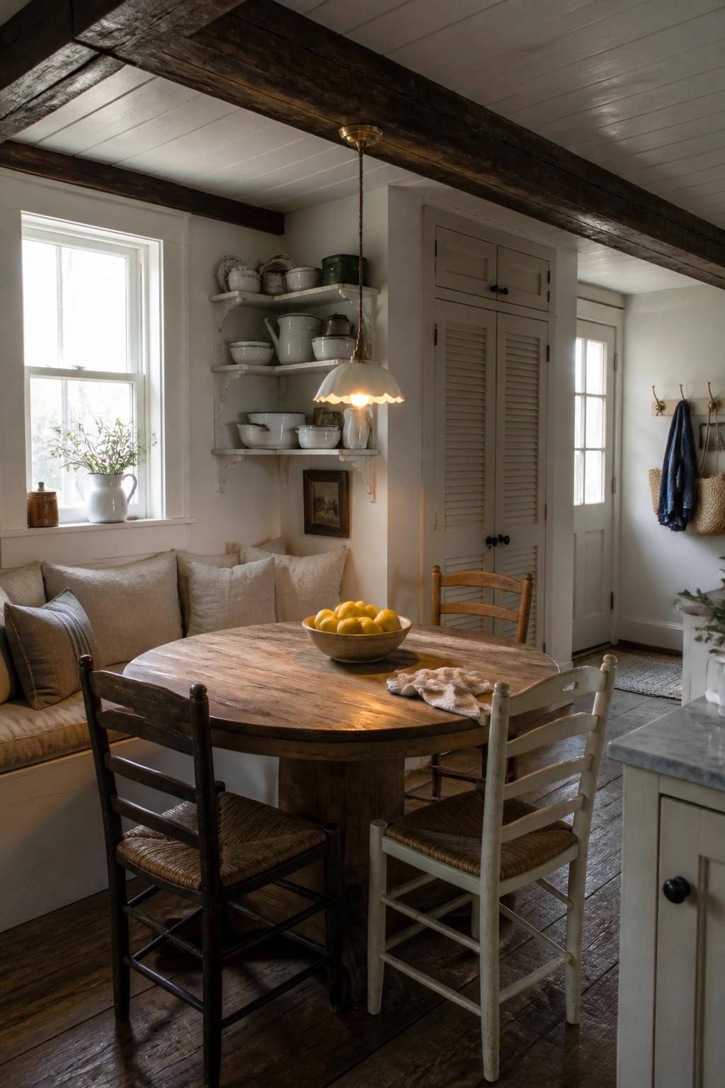 An interior view of a farmhouse dining space with dark exposed ceiling beams, a round wooden table, and a mix of wooden chairs under a hanging light.