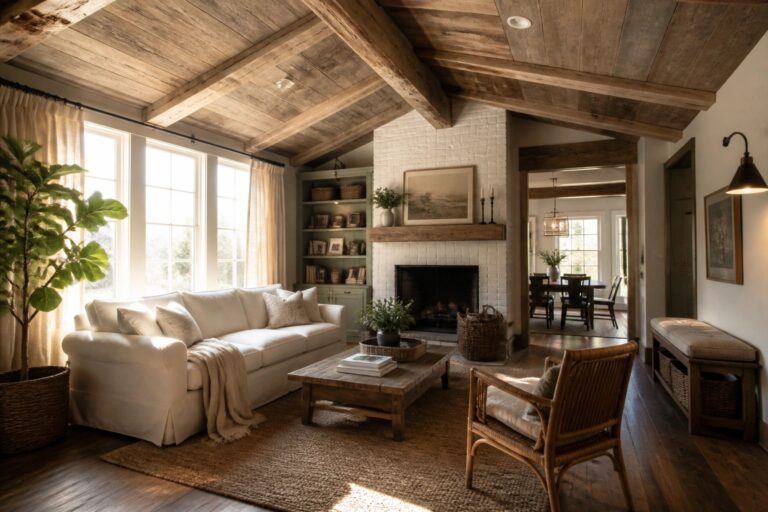 21 Timeless Farmhouse Wood Ceiling Ideas Featuring Beams and Natural Finishes A living room with a vaulted ceiling of exposed wooden beams, white brick fireplace, white sofa, and woven jute rug.