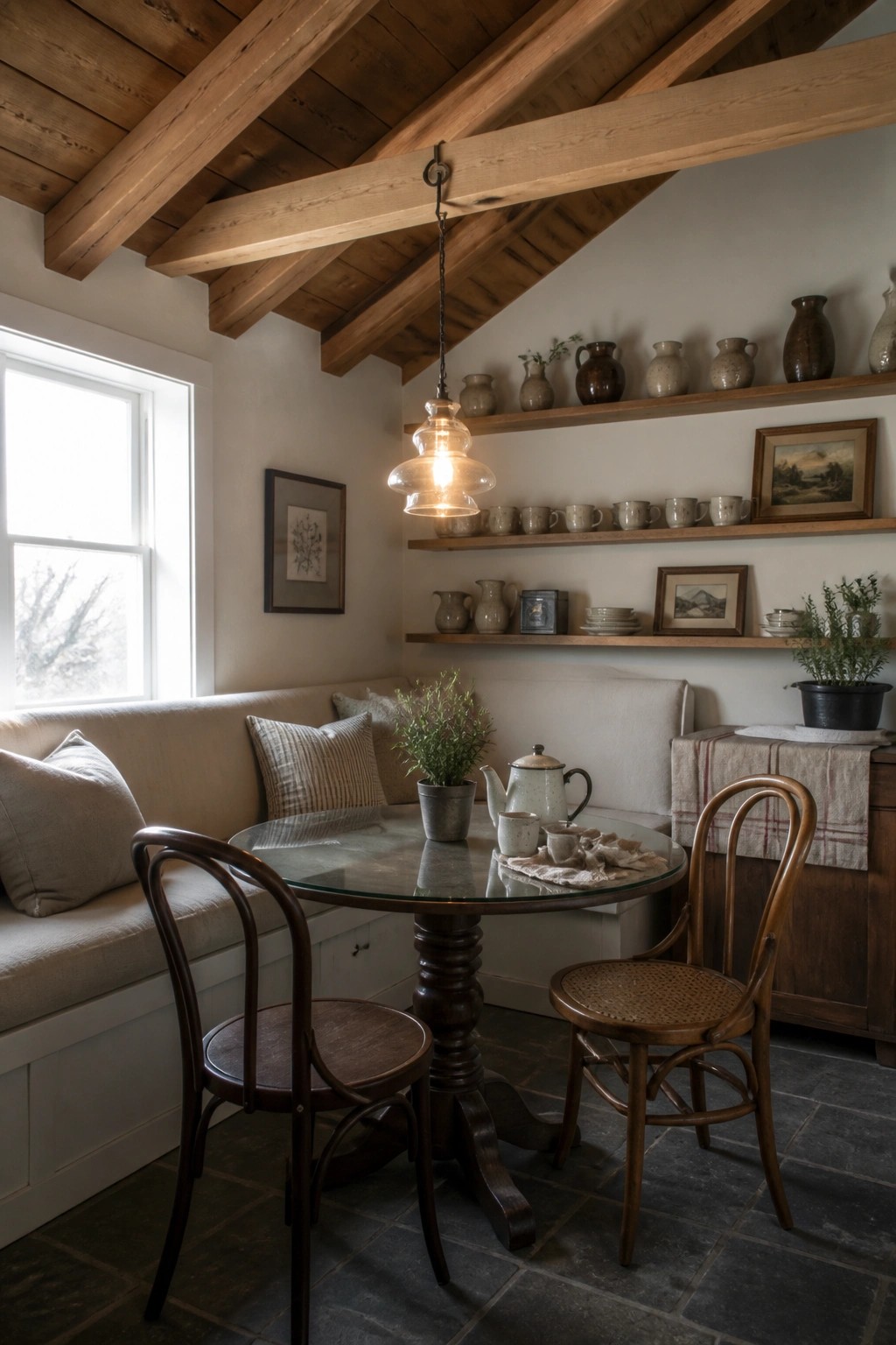 Interior view of a dining nook with exposed wooden ceiling beams, a round table on a dark tile floor, a built-in bench with cushions, two wooden chairs, and open shelves holding pottery and small framed pictures.
