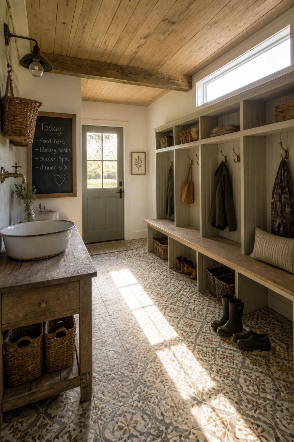 An interior mudroom with a natural wood ceiling, exposed beams, built-in cubbies, a wooden