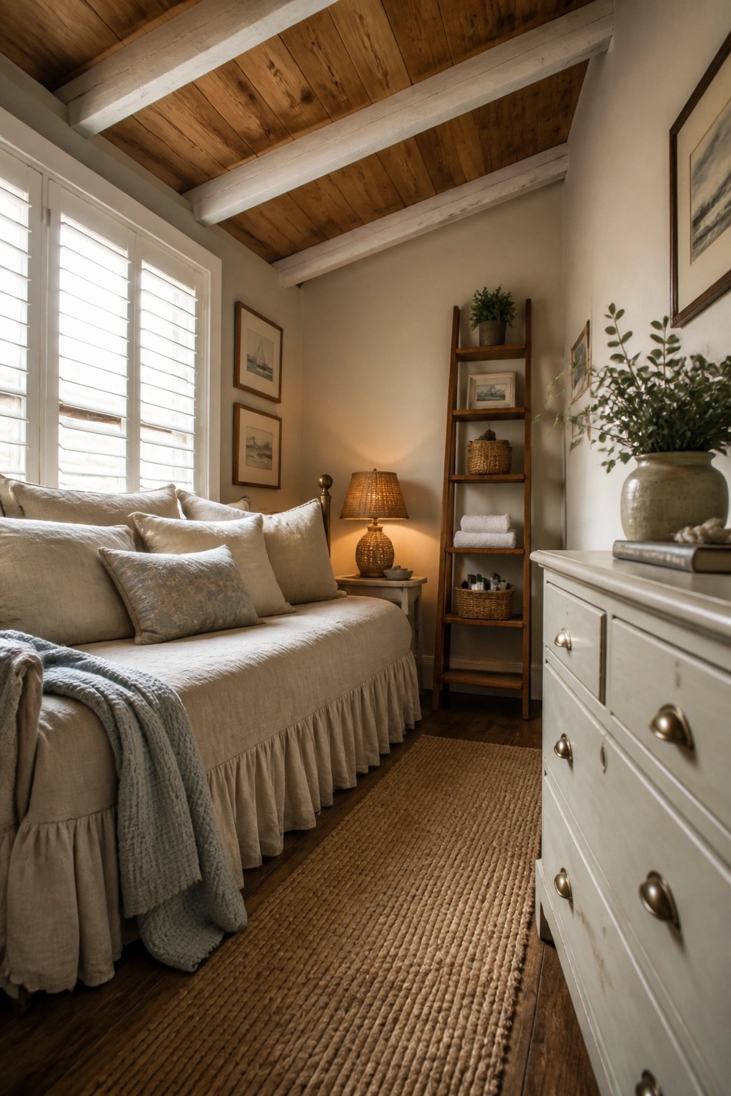 A bedroom interior with a daybed, wooden ceiling planks, white painted beams, and a tall wooden ladder shelf.
