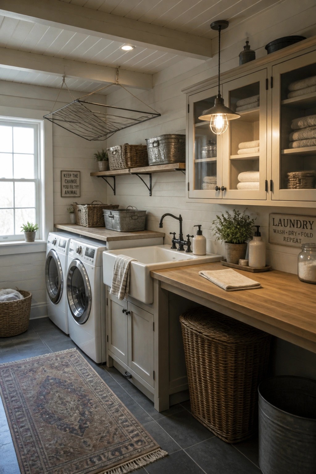A laundry room with white plank ceiling, wooden countertops, white cabinets, two washing machines, and a farmhouse sink.