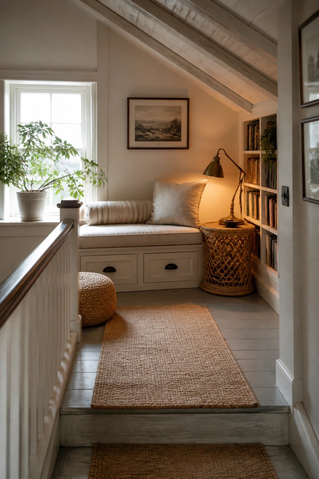 An interior view of a small nook under a sloped ceiling with whitewashed wood beams, a built-in bench with drawers, bookshelves on the right wall, and a woven runner on the floor.