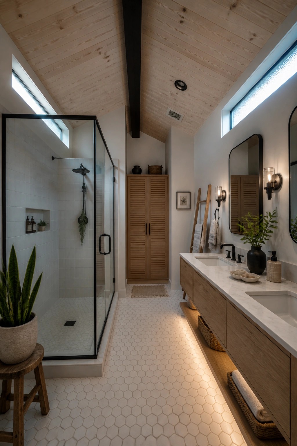 A narrow bathroom with a light wood ceiling and dark exposed beam, white hexagonal floor tiles, glass shower on the left, and wood vanity on the right.