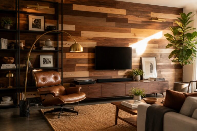 21 Unique Wood Wall Designs Using Mixed Wood Tones and Patterns A living room features a horizontal wood accent wall with mixed brown tones behind a wall-mounted television, a brown leather swivel chair, and a round wooden coffee table.