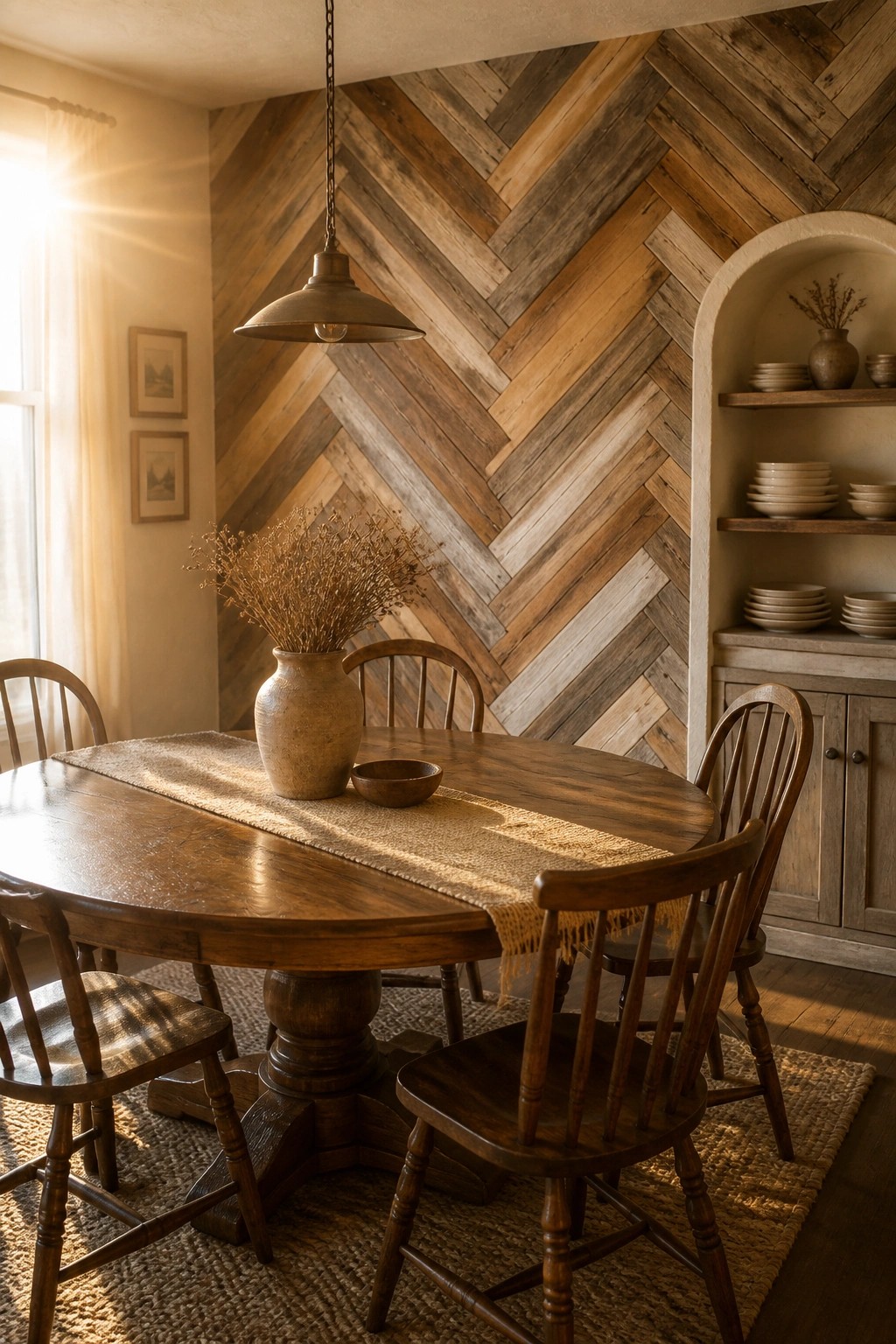 A round wooden dining table with chairs sits in front of a large herringbone accent wall made from mixed wood tones, with a vase of dried flowers and a pendant light overhead.