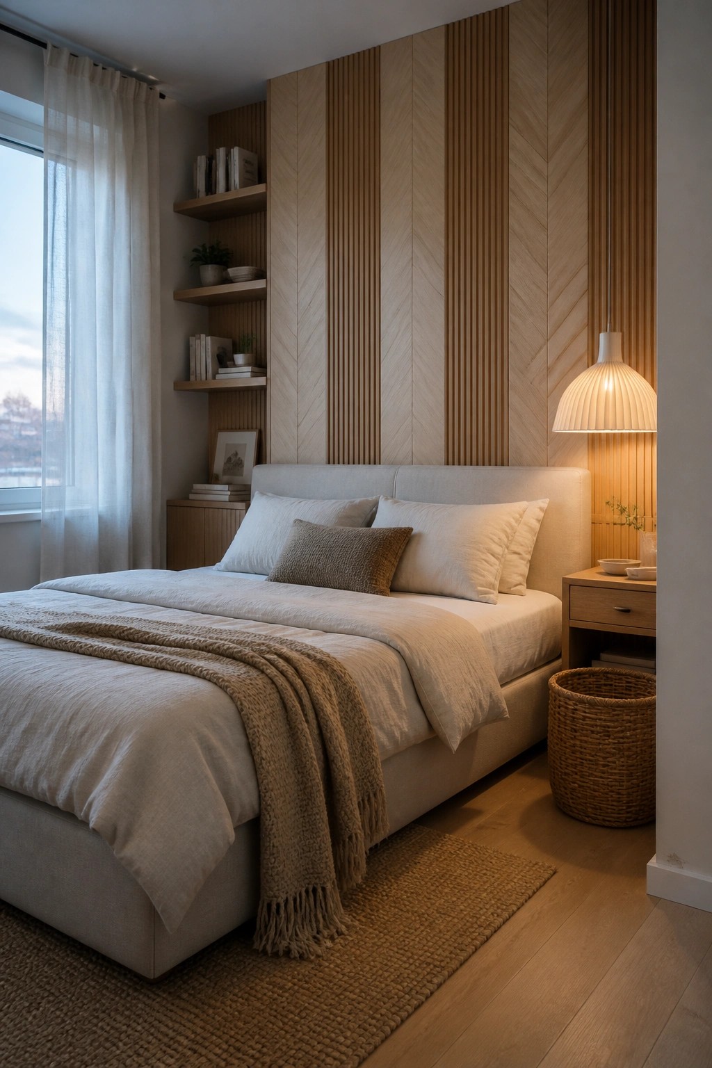 A bedroom featuring a bed with white linens against a wood accent wall that combines vertical slats and chevron patterns in light wood tones, with floating shelves on the left and a pendant lamp on the right.