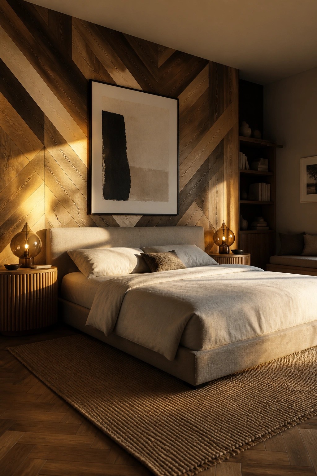 A bedroom with a large herringbone wood accent wall in mixed brown tones behind a bed with neutral bedding and two round nightstands with glass lamps.