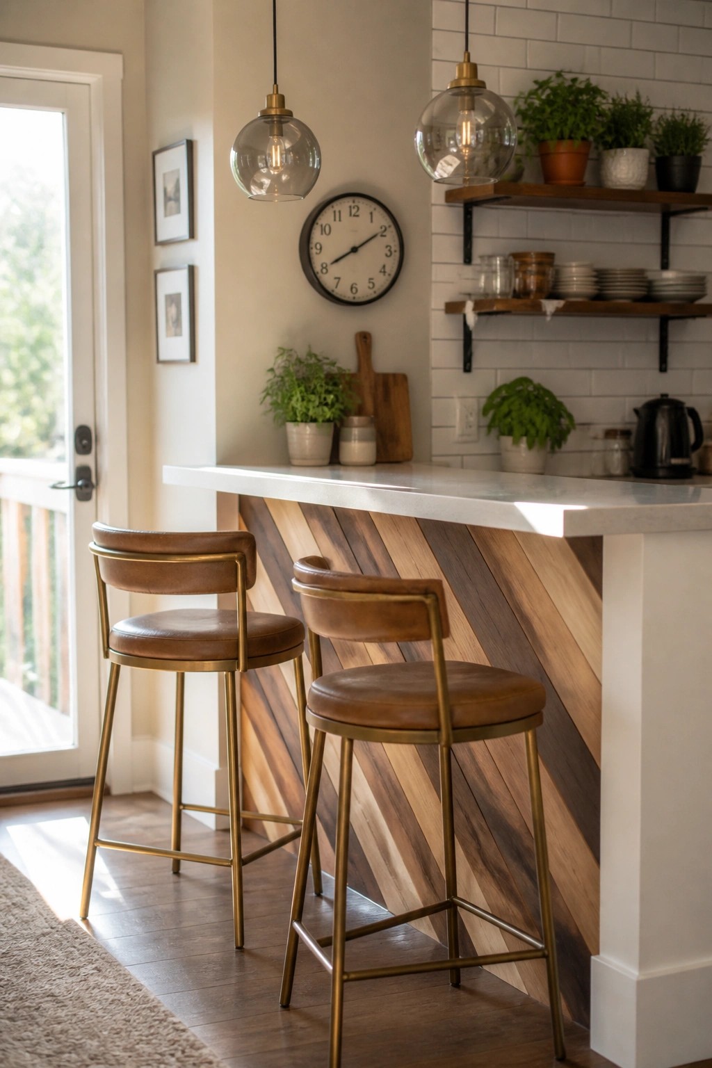 Two bar stools sit in front of a kitchen island with a white countertop and a back wall covered in diagonal mixed wood panels.