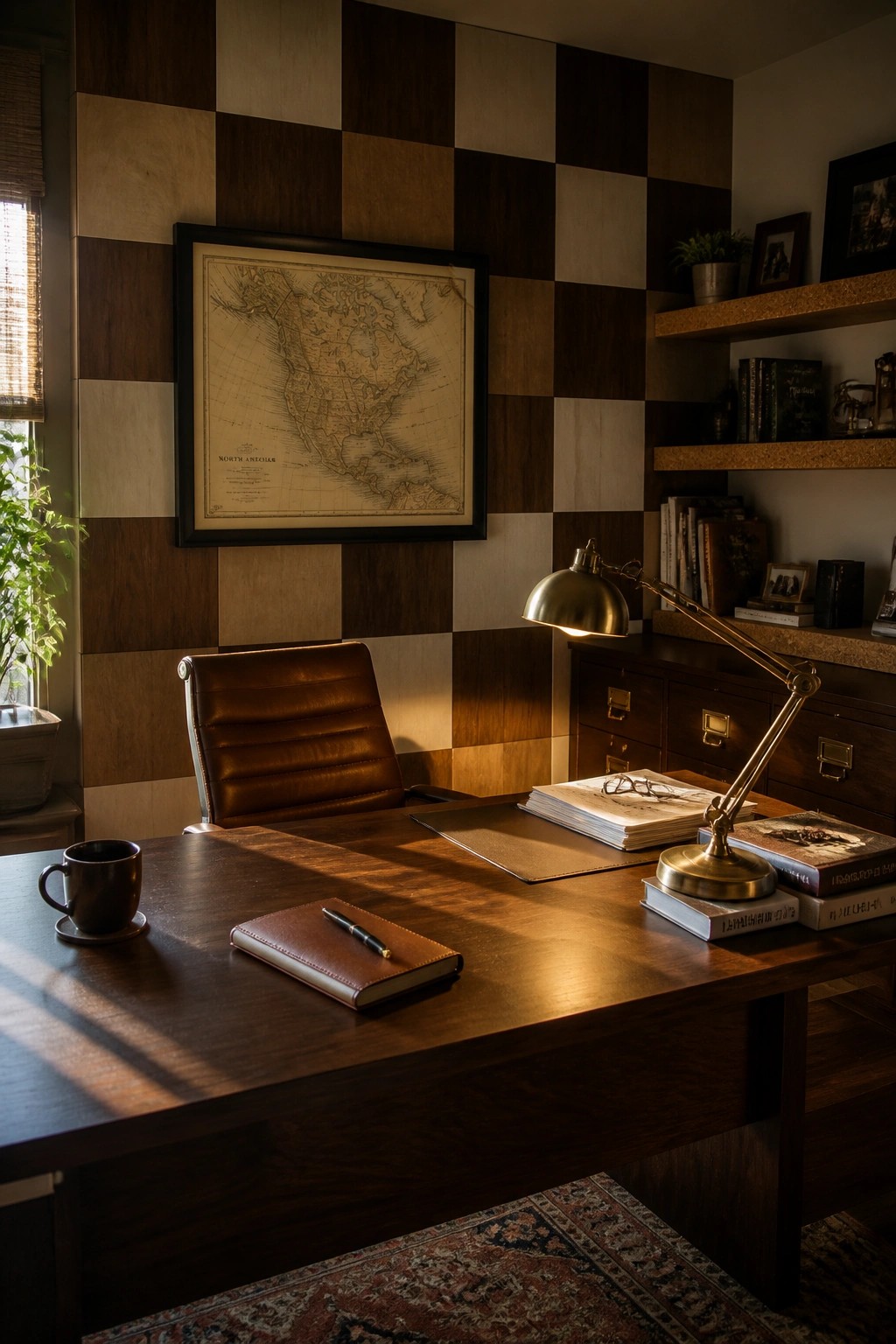 A home office features a large checkerboard wall made of mixed brown wood tones behind a wooden desk with a brass lamp and leather chair.