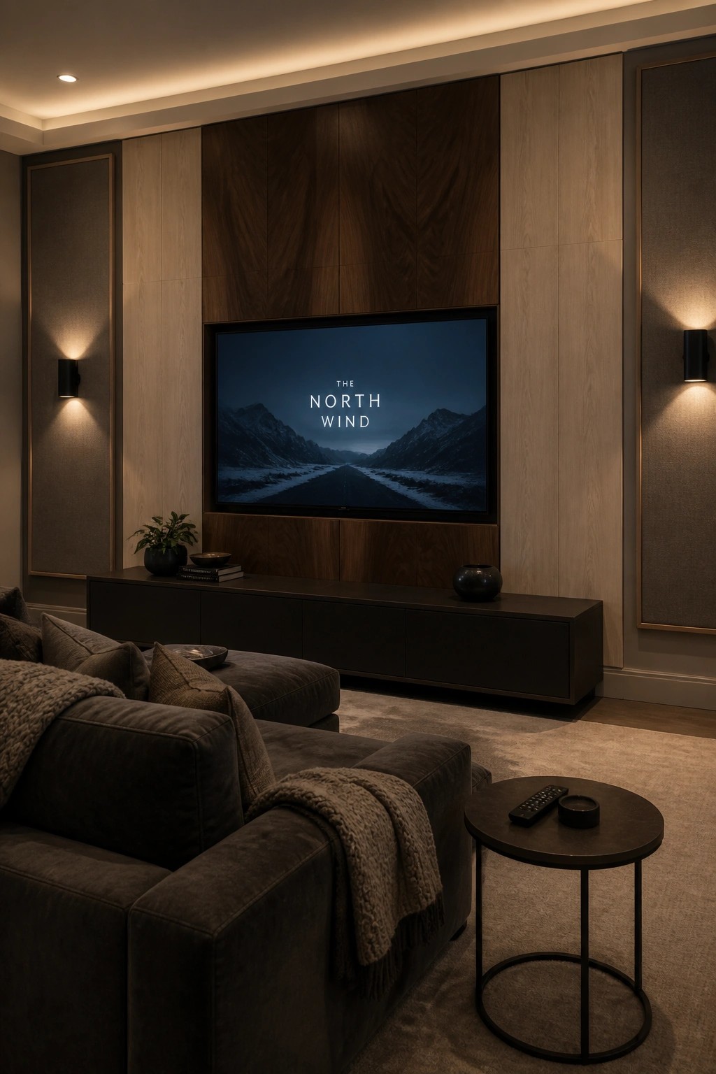 A modern living room featuring a large flat-screen television mounted on a wall with vertical wood panels in mixed light and dark brown tones.