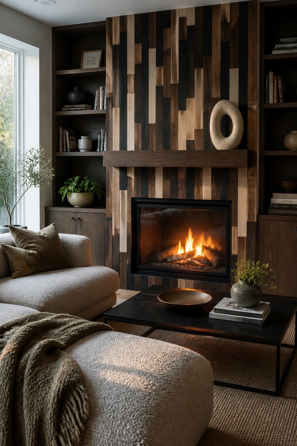 Cozy living room with burning fireplace, striped wood wall, built-in shelves, and white sofa.