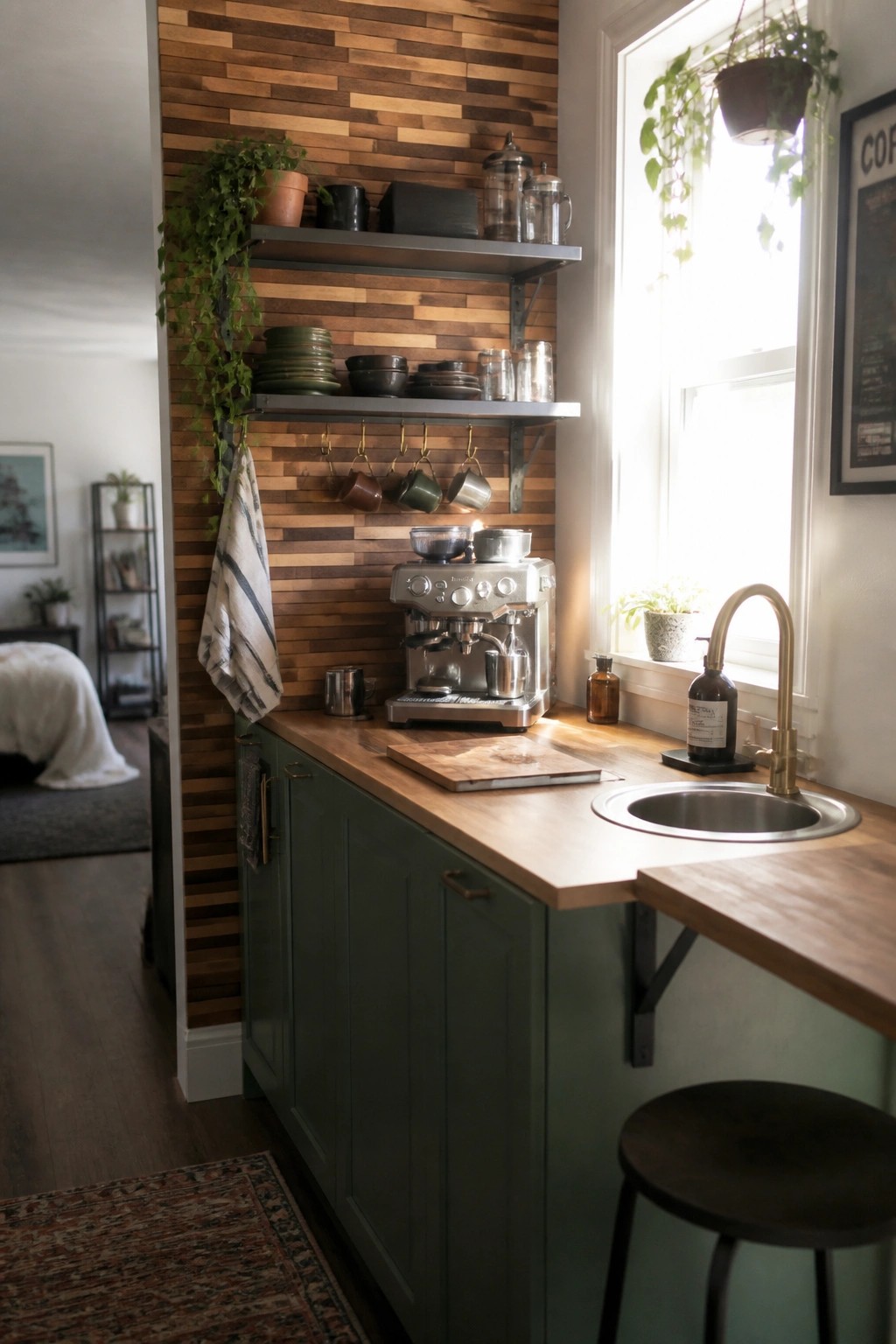 A kitchen corner with green cabinets, a wood countertop, and an accent wall made of horizontal mixed wood planks, with open shelves and a coffee machine.