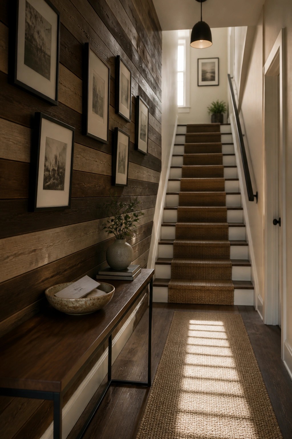 A hallway with a dark mixed-tone wood plank accent wall holding several framed prints, a narrow console table below, and a carpeted staircase rising to the right.