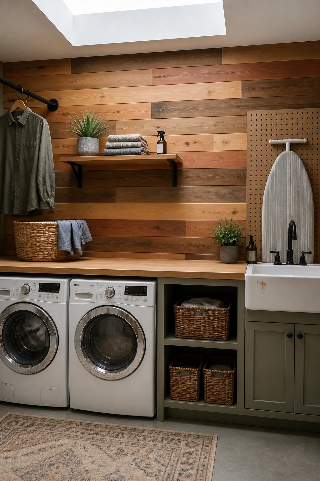 Laundry room interior with two front-loading washers, a white farmhouse sink, green cabinetry, and a back wall clad in horizontal wood planks of varying brown tones, with a wooden floating shelf holding towels and a potted plant.