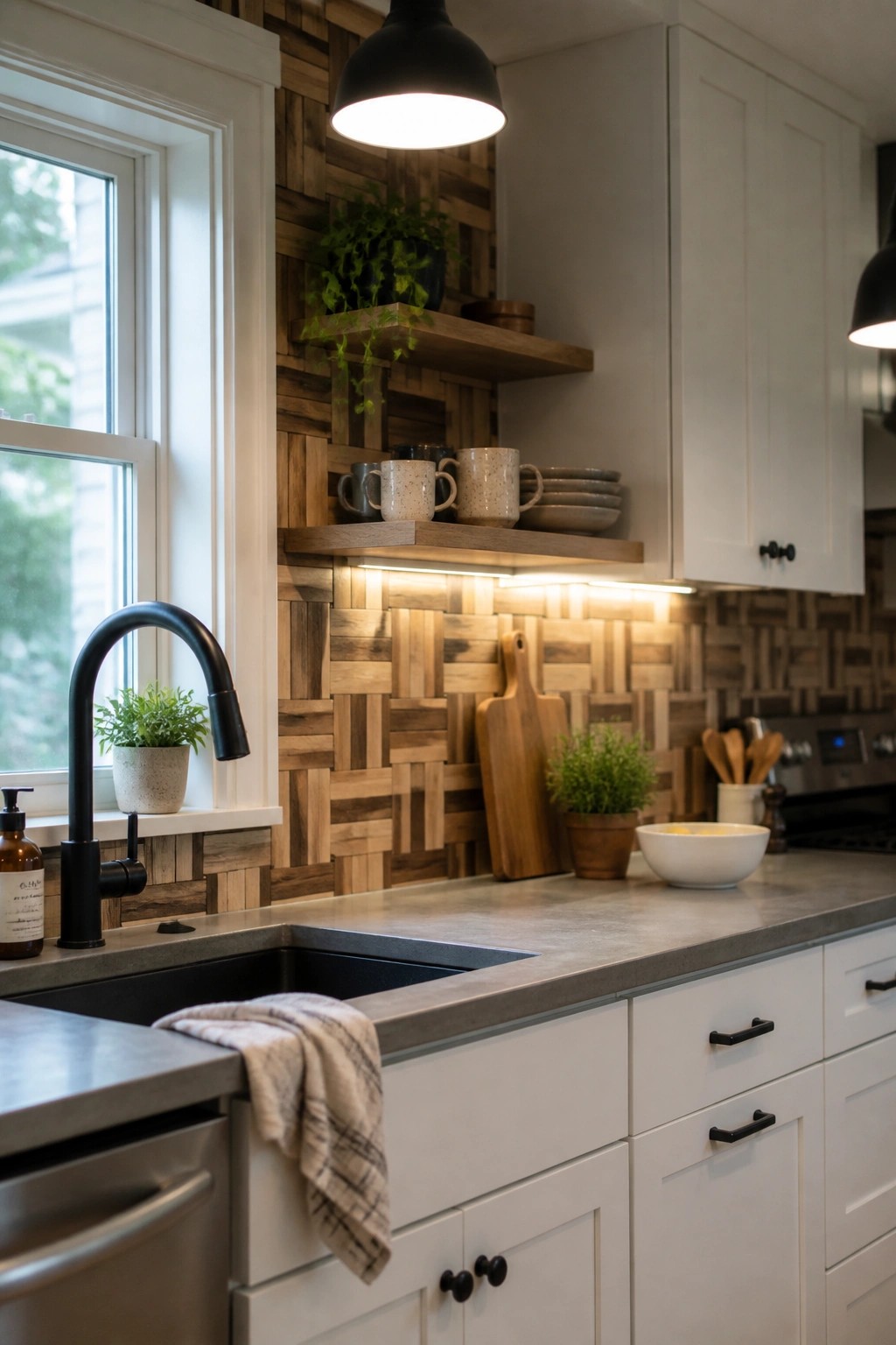 A modern kitchen with a backsplash wall made of mixed wood tones and patterns, white cabinets, concrete countertops, and black fixtures.