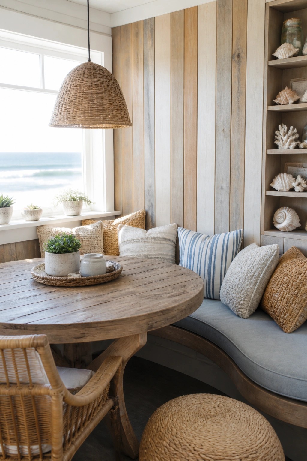A dining nook with a round wooden table, a curved built-in bench, and a wall covered in vertical wood planks of varying light and medium tones.