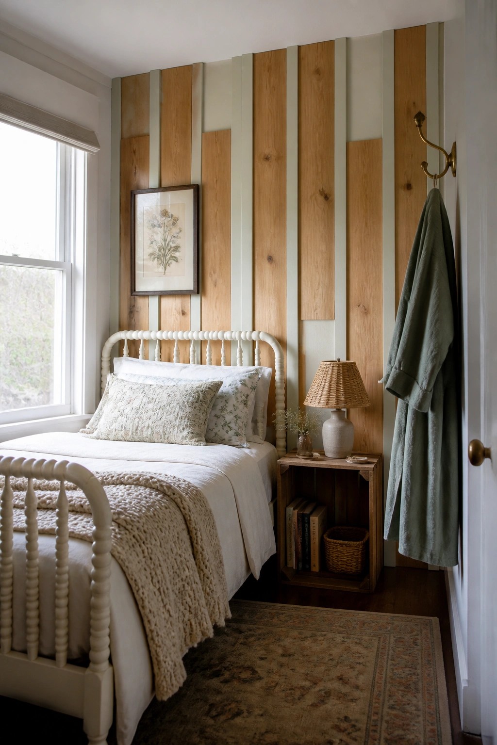 A bedroom with a vertical wood plank accent wall in mixed natural tones and widths next to a white spindle bed.
