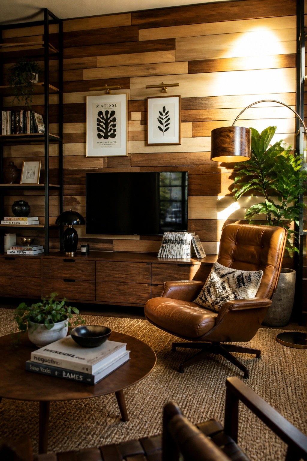 A living room features a horizontal wood accent wall with mixed brown tones behind a wall-mounted television, a brown leather swivel chair, and a round wooden coffee table.