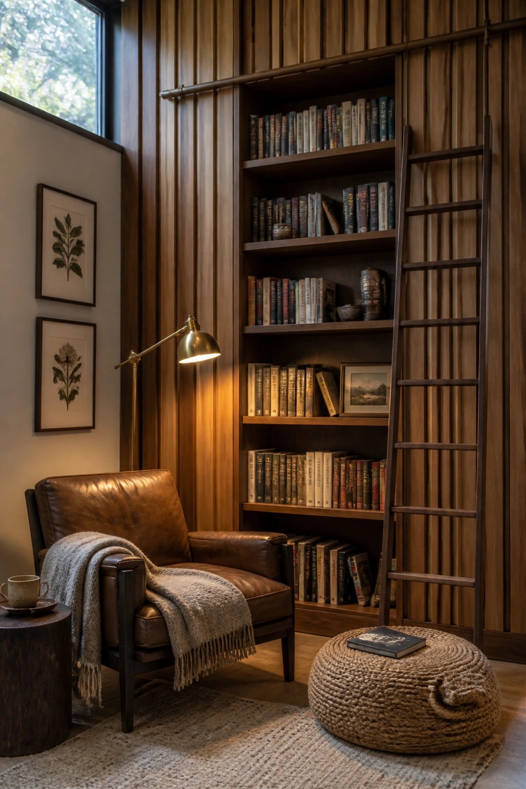 Interior view of a reading nook with vertical wood paneling in mixed brown tones, a built-in bookshelf with books, a rolling ladder, and a brown leather chair.