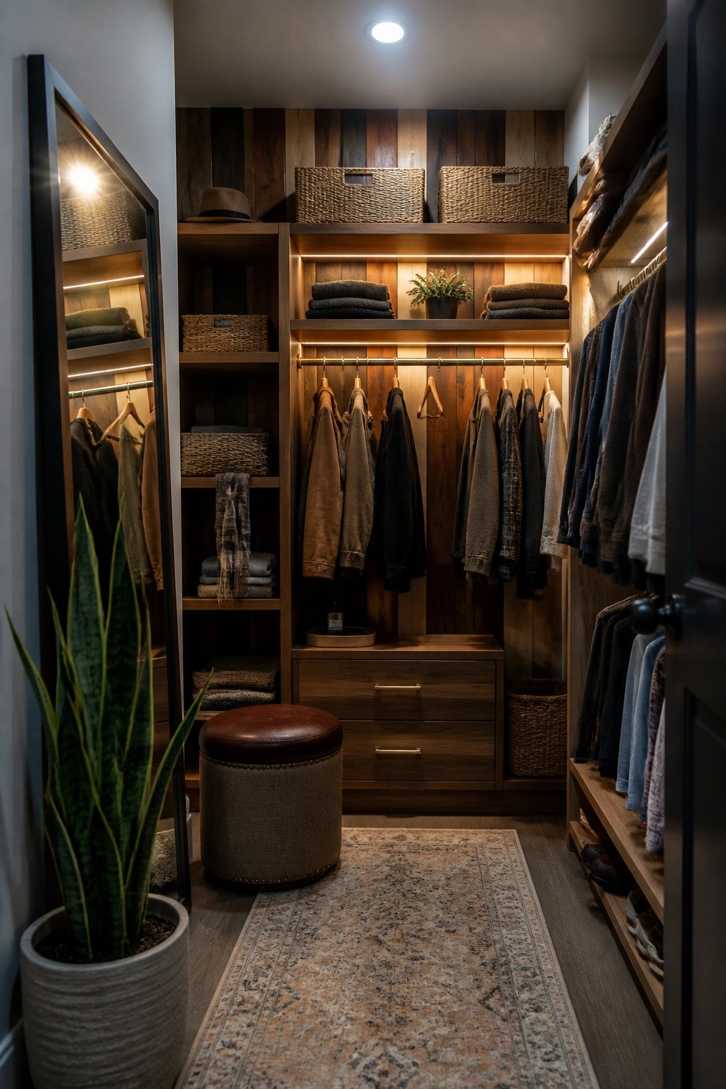 A walk-in closet interior with walls of mixed wood tones and patterns, shelves, hanging rods with clothes, drawers, and a patterned rug on the floor.