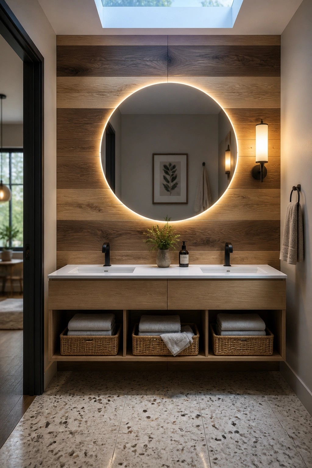 A modern bathroom with a double vanity below a round backlit mirror mounted on a wall of horizontal wood planks in mixed brown tones.